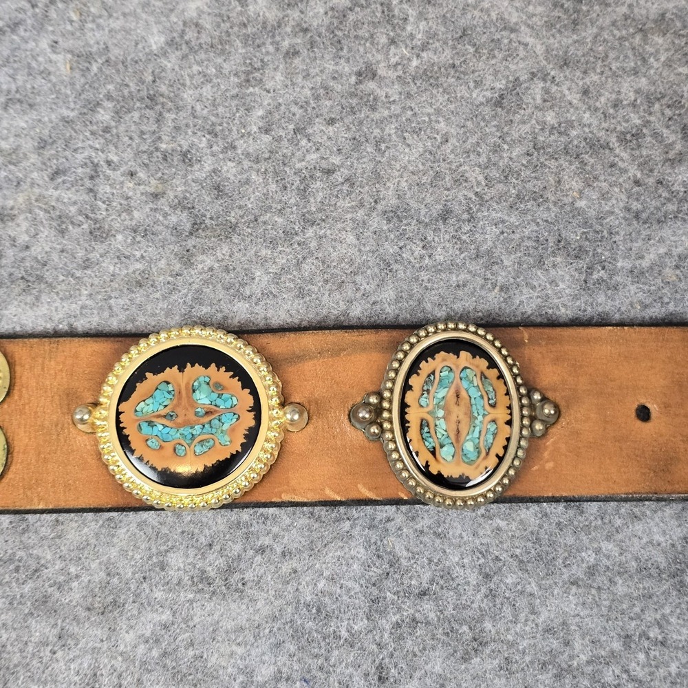 Western Concho Belt 48" Brown Leather Brass Tone Turquoise Inlay Studded Conchos - Picture 11 of 16